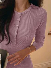 DAZY Women Tight Fitted Half-Zip Mid-Length Sweater Dress,Fall Women Clothes - Purple - View 6