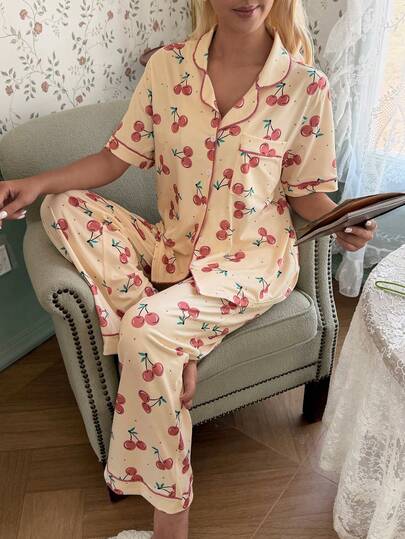 SHEIN 2pcs/Set Cute Cherry Print Sweet Short Sleeve Pajama Set For Women, Spring/Summer