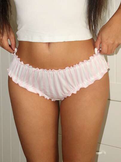 Lowkey Lull Pink High Elastic Comfortable Striped Print Ruffle Trim Casual Minimalist Fashion British Style Women's Panties
