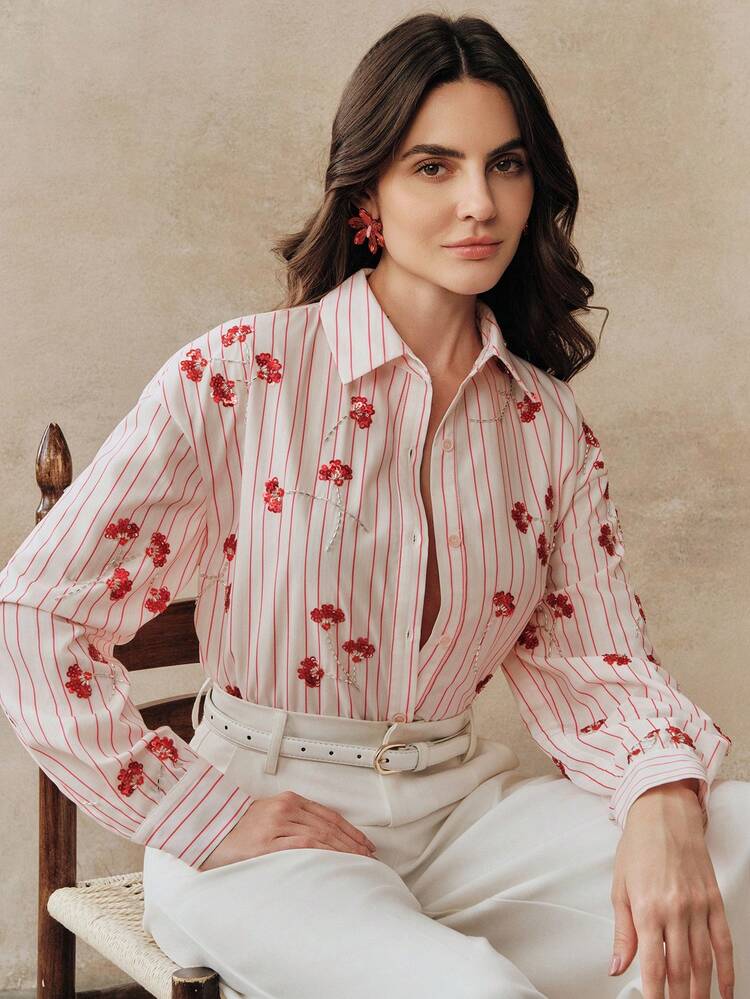 Romantic Vacation Valentine's Day Christmas Pink & White Striped Sequin Floral Embroidered Long Sleeve Polo Collar Blouse For Women Summer Shirts Woman