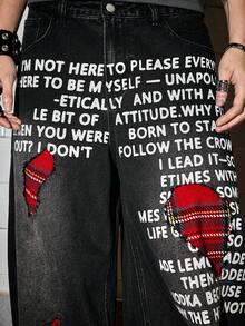 ROMWE MEN Goth Jeans casuales acampanados con estampado de eslogan y desgastados para hombres - Negro - Ver 2