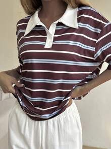 Livesso Áo thun nữ tay ngắn cổ polo kẻ sọc phối màu, kiểu dáng thường ngày, thích hợp cho mùa hè. - Cà phê nâu - Xem 4