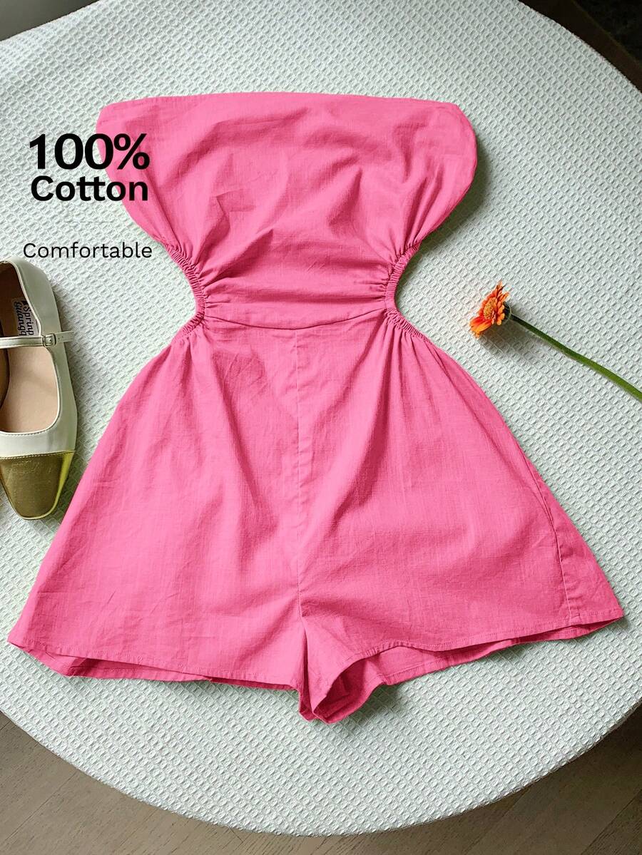 Comfortcana Áo liền quần hai dây ngắn màu đỏ hồng, khoét eo, xếp ly bên hông, thích hợp cho mùa hè. - Màu Hồng Tươi - Xem 1