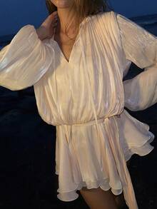 Opulessa 度假风宽松纯色长袖女式迷你连衣裙 - 杏色 - 查看 8