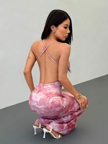 SHEIN PETITE 女士深V领露背扎染印花连衣裙 - 粉色 - 查看 9