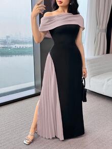 Feyla 女士撞色斜肩束腰优雅连衣裙 - 粉色 - 查看 4