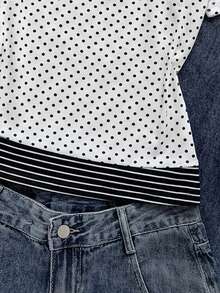 SHEIN EZwear Áo thun ngắn tay nữ kiểu dáng thường ngày, chấm bi và sọc phối màu, phong cách grunge vintage cá tính, thích hợp cho mùa hè, lễ hội âm nhạc, kỳ nghỉ, các sự kiện thể thao. - Nhiều màu - Xem 4