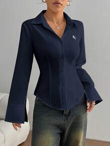 SHEIN PETITE Women's Embroidered Slim Fit Button-Down Long Sleeve Casual Shirt - Navy Blue - View 6