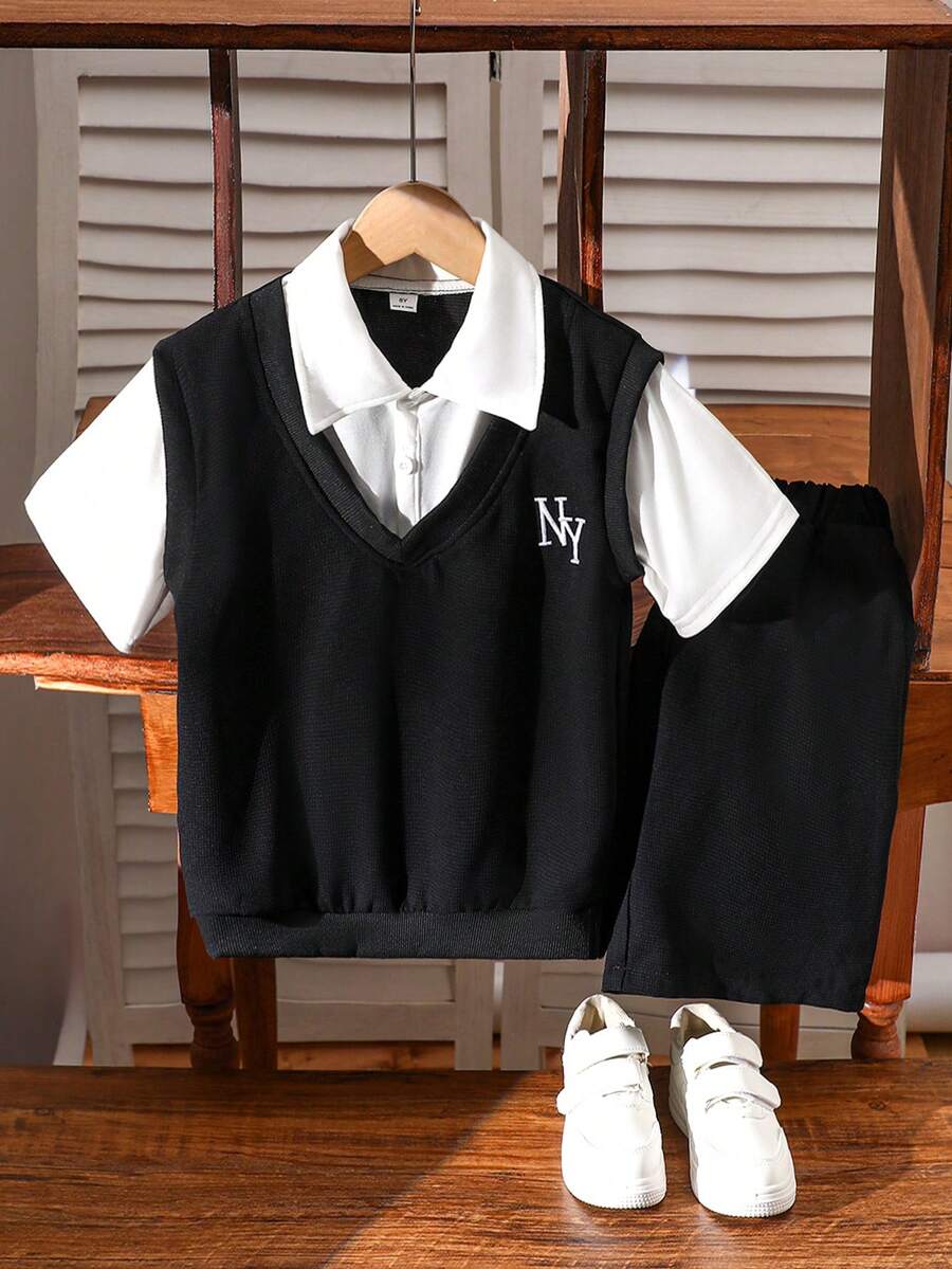 Mirajuku 2pcs/Set Boys' Casual Contrast Color Patchwork Textured Polo Shirt And Shorts Set, Suitable For Daily, Commute And School Wear - Black and White - View 1