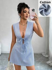 Selianne 女士性感深V领无袖条纹印花连衣裙，蓝色 - 藍色 - 查看 1