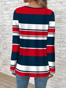 EMERY ROSE Nautical Striped Print Plus Size V-Neck Long Sleeve Loose T-Shirt, Suitable For Vacation - Multicolor - View 2