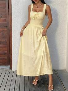 SHEIN EZwear 夏日波西米亚风度假黄色褶皱胸连衣裙 - 鵝黃色 - 查看 6