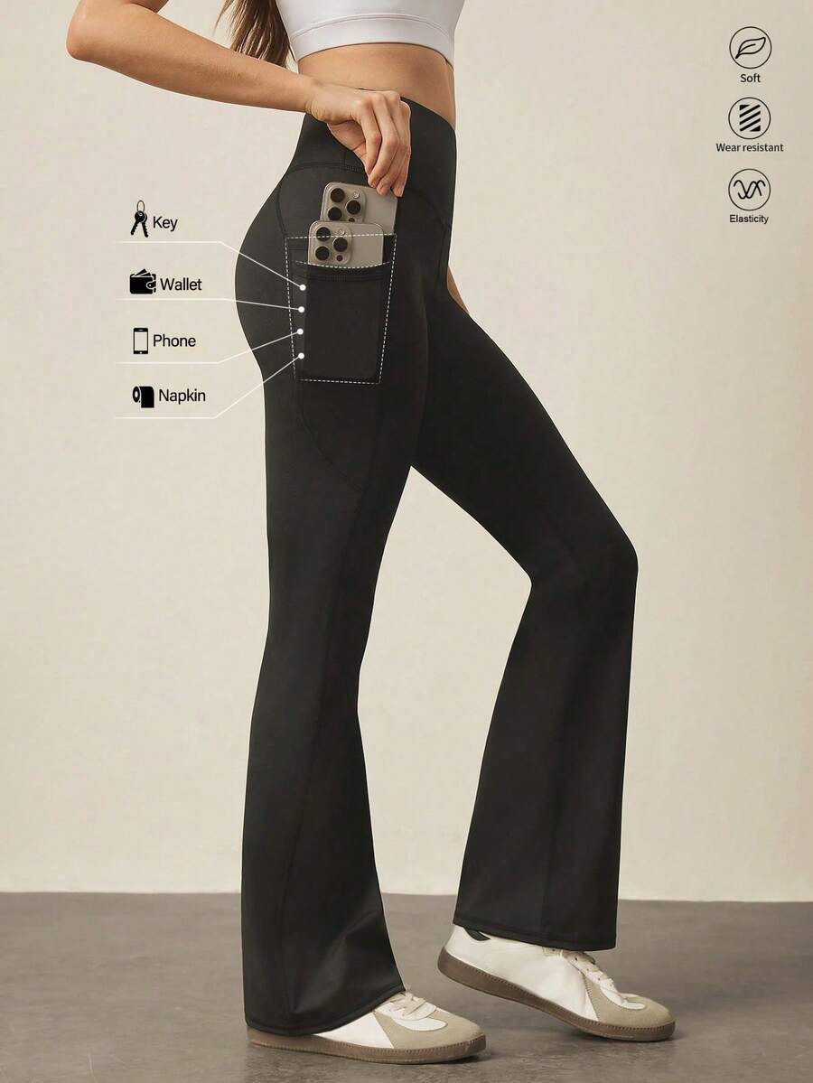 With My Calm 女士纯色口袋休闲百搭日常户外运动喇叭裤 - 黑色 - 查看 1