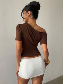 Aloruh Áo thun dệt kim tay ngắn cổ xéo màu cà phê, trang phục công sở thanh lịch, thoải mái cho mùa hè. - Cà phê nâu - Xem 3