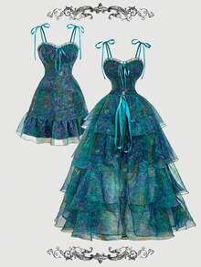 SHEIN MOD 复古油画印花全身花卉图案华丽二合一连衣裙，配有可拆卸多条裙摆 - 宫廷风、生日礼服、邮轮礼服、叠穿连衣裙、碎花连衣裙、绿色连衣裙、海滩度假装、夏季连衣裙、下午茶礼服、女士度假装、飘逸连衣裙、派对礼服、波西米亚风服装、万圣节 - 彩色 - 查看 6