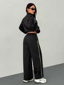 SHEIN PETITE 2pcs Women Streetwear Athleisure Cargo Outfit: Reflective Lapel Windbreaker Coat And Cargo Parachute Pants, Suitable For Spring/Autumn - Black - View 2