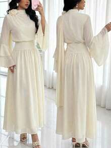 Modelyn Solid Color Flare Sleeve Floral Decor Elegant Long Dress - Yellow - View 1