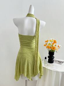 Elamini Y2K Sexy Asymmetric Hem Textured Fabric Mini Dress - Green - View 2