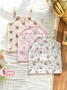 Vintaside Kids 3pcs Baby Girls Jacquard Fabric Camisole Vest. Sleeveless, Refreshing To Wear Outerwear, Cute And Fashionable, Macaron Pastel Color Palette, Sweet And Brightening, Versatile. Soft And Comfortable Fabric, Cute Casual Style Suitable For Spring/Summer Outings, Outdoor Play, Vacation, Daily Wear, Travel - Multicolor - View 3