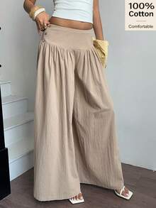 Siren Gaze 女士纯色高腰纽扣设计宽松阔腿裤 - 卡其色 - 查看 3