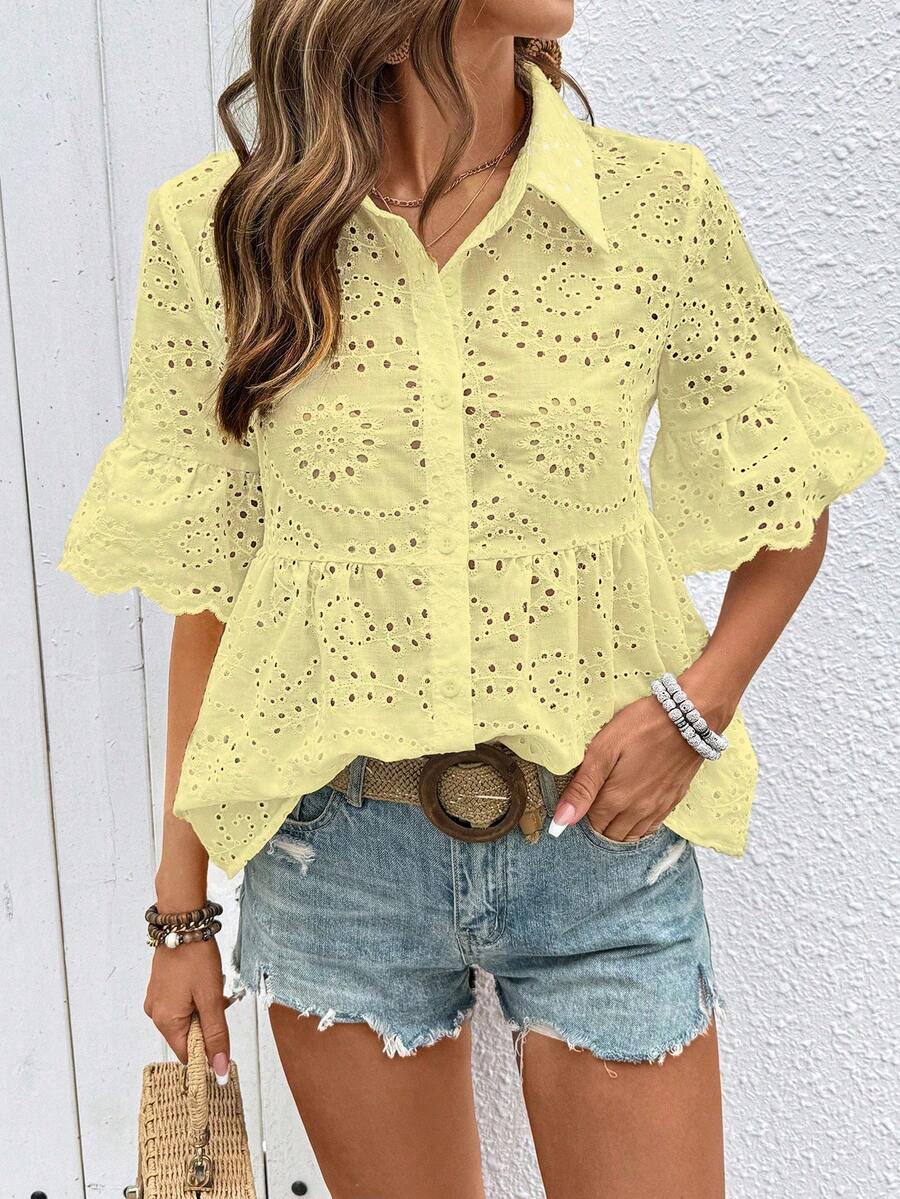 Breezaya Embroidered Shirt, Open Front Shirt, Embroidered Placket Shirt, Casual Shirt - Yellow - View 1