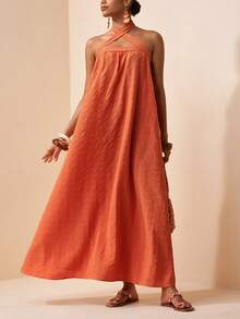 Zivah 2025 春季新品 复活节 生日派对 约会 日常出行 必备单品 休闲度假 邮轮旅行 海滩 潮流单品 街头风 波西米亚风 通勤装 早午餐穿搭 优雅 街头时尚 极简主义 通勤 无肩带 领口系带 A 字型 纹理面料 肩带系带无肩带上衣 褶皱后背 松紧腰 A 字型 褶裥长裙 - 亮橙色 - 查看 3