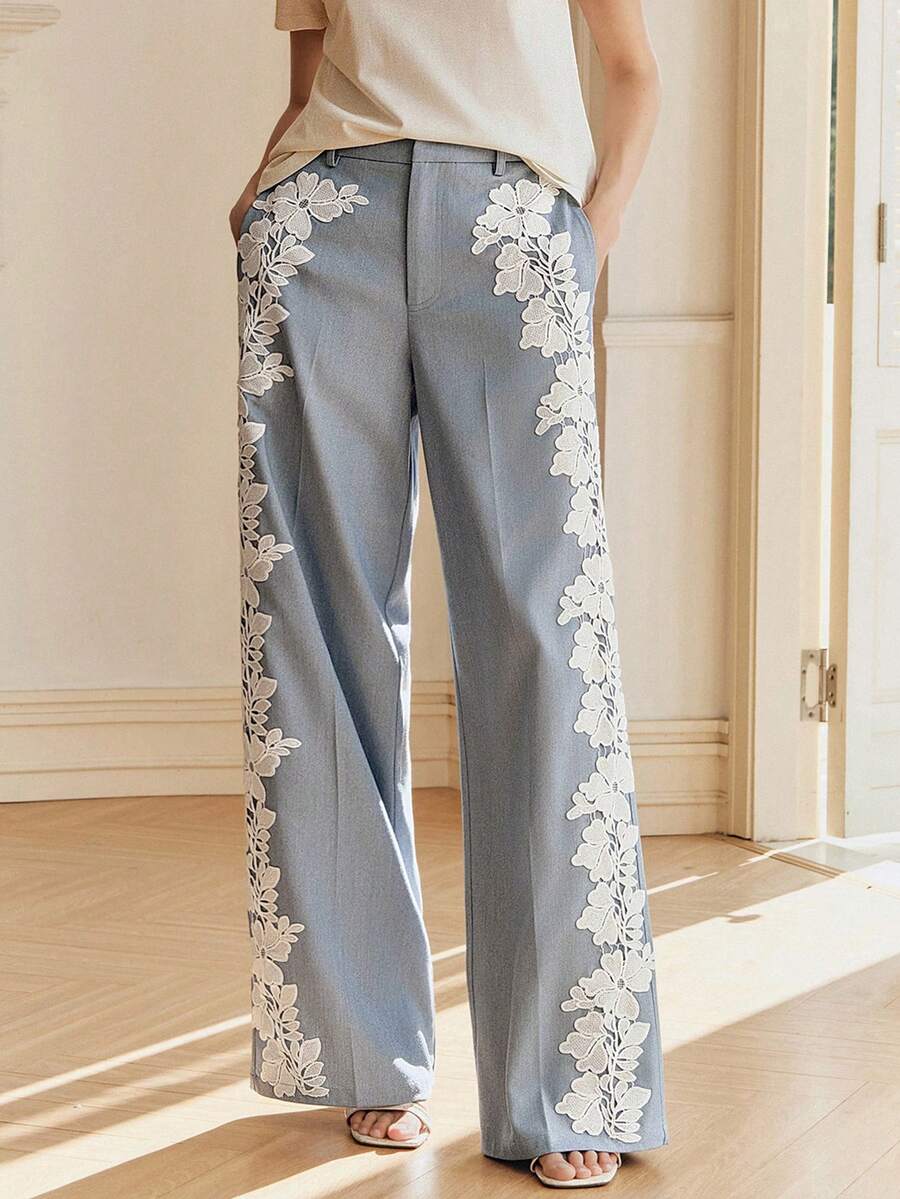 Anewsta Spring New Women's Blue Pants, Fashion Casual Flared Pocket Contrast Side Seam Ruffle Hem Trousers - Blue - View 1
