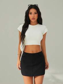SHEIN PETITE Summer Going Out Solid Low Waist Straight Black Mini Skirt - Black - View 6