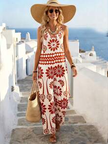 EMERY ROSE 女士休闲度假波西米亚风阔腿连体裤，热带植物印花图案，适合音乐节穿着，可作碎花连体裤或无袖连体裤。 - 彩色 - 查看 1