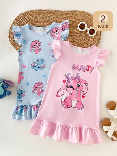 Playful Pals 两件装女童舒适休闲可爱字母印花圆领荷叶袖连衣裙，粉色和蓝色可选，适合夏季郊游、拍照、日常穿着和上学穿着。