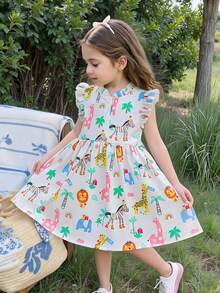 SHEIN Vestido de niña con volantes y estampado de dibujos animados, vestido de verano para niña pequeña, vestido de verano para niña - Blanco - Ver 6