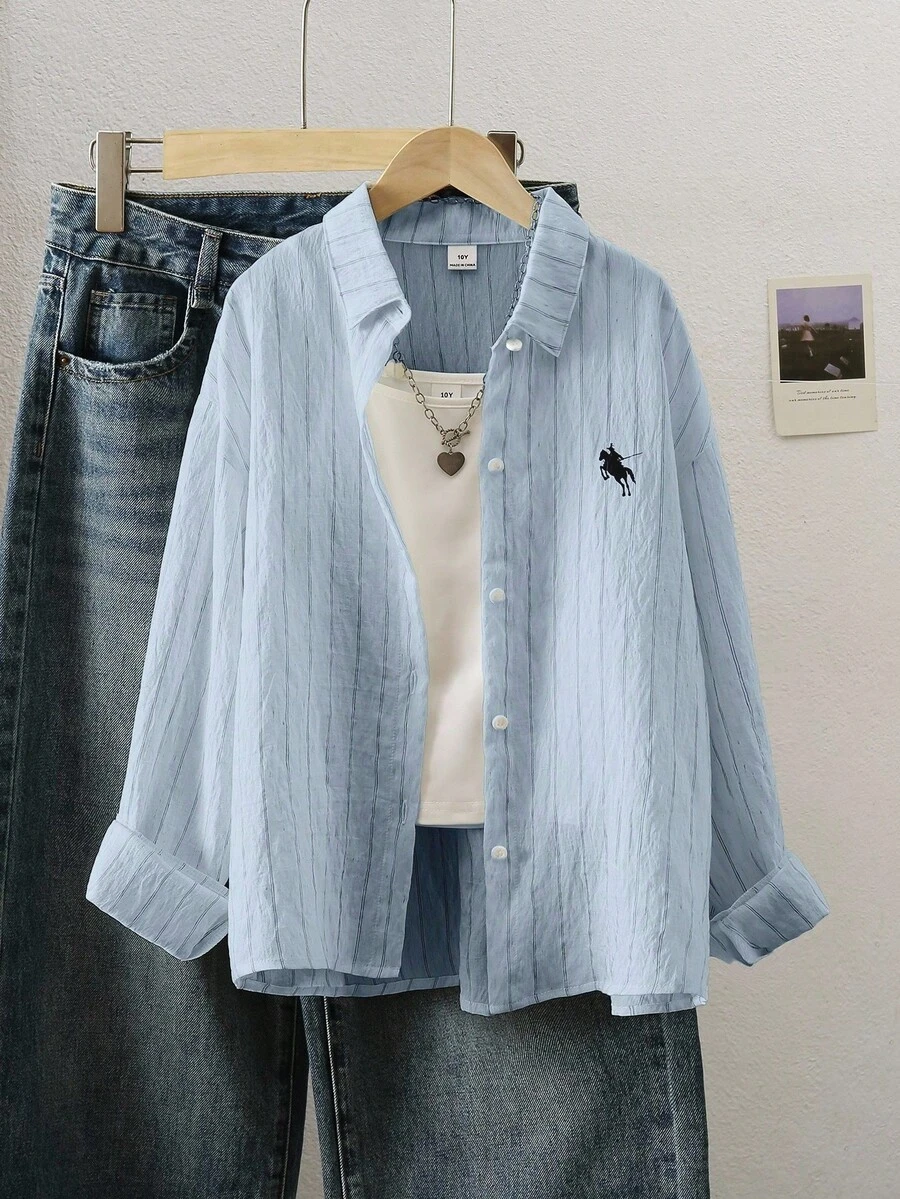 SHEIN Teen Girls Casual Minimalist Beige & White Pinstripe Long Sleeve Button-Down Shirt Spring & Autumn Lightweight Breathable Fabric With Polo Embroidery For Daily School & Casual Outings - Blue - View 1