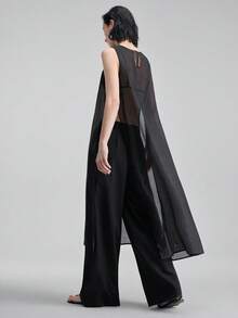 Ontre 2026春夏女士黑色舒适半透明欧根纱面料修身H字型圆领无袖侧开衩方便行走胸前绳绣装饰现代都市时尚商务休闲办公低调复古高端通勤机场邮轮婚礼宾客简约奢华品质必备百搭季节性女式上衣 - 黑色 - 查看 3