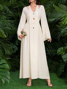 Yasmyna Women's Apricot Woven Long Sleeve Tie-Up Pearl Embellished Modest Arabic Style Dress, Spring/Summer - Apricot - View 5