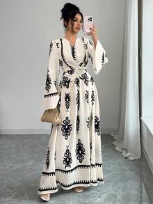 Elenzga Women's Elegant V-Neck Flare Sleeve Waist Wrap Design A-Line Maxi Dress, Floral Retro Print, Spring - Multicolor - View 6