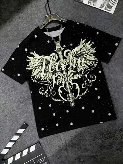 Manfinity 男士全印花T恤，时尚街头风印花短袖T恤，复古百搭休闲男士短袖上衣，2026春夏新款，送给男朋友的礼物，节日礼物。