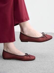 CUCCOO BIZCHIC 女士休闲百搭简约蝴蝶结装饰平底乐福鞋，圣诞节必备 - 復古紅網紗 - 查看 3