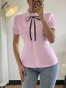 Rafferiza 女士夏季荷叶边弹力袖口蝴蝶结衬衫可爱女式衬衫学院风上衣粉色衬衫蝴蝶结衬衫系带衬衫粉色女式衬衫优雅可爱衬衫女士性感衬衫居家办公服装女士上衣和衬衫Xrlq9女士服装工作衬衫工作服女士夏季衬衫女士可爱衬衫女士休闲上衣女士优雅Polo衫女士休闲 - 粉色 - 查看 7