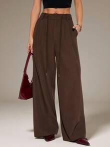 SHEIN PETITE Women's Solid Color High Waist Pockets Wide Leg Loose Pants, Suitable For Spring/Summer, Daily Wear, Commuting - Coffee Brown - View 9