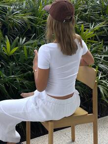 DAZY 女款領口短袖修身休閒T恤可愛上衣夏季短版上衣 - 白色 - 查看 2