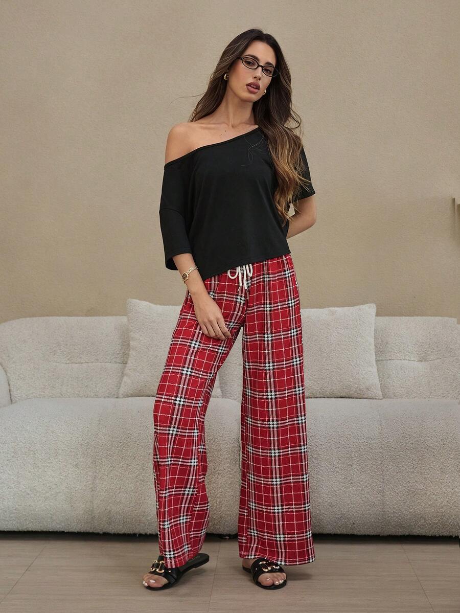 女士纯色不对称领短袖上衣和格子印花长裤睡衣套装 - 咖啡棕 - 查看 1