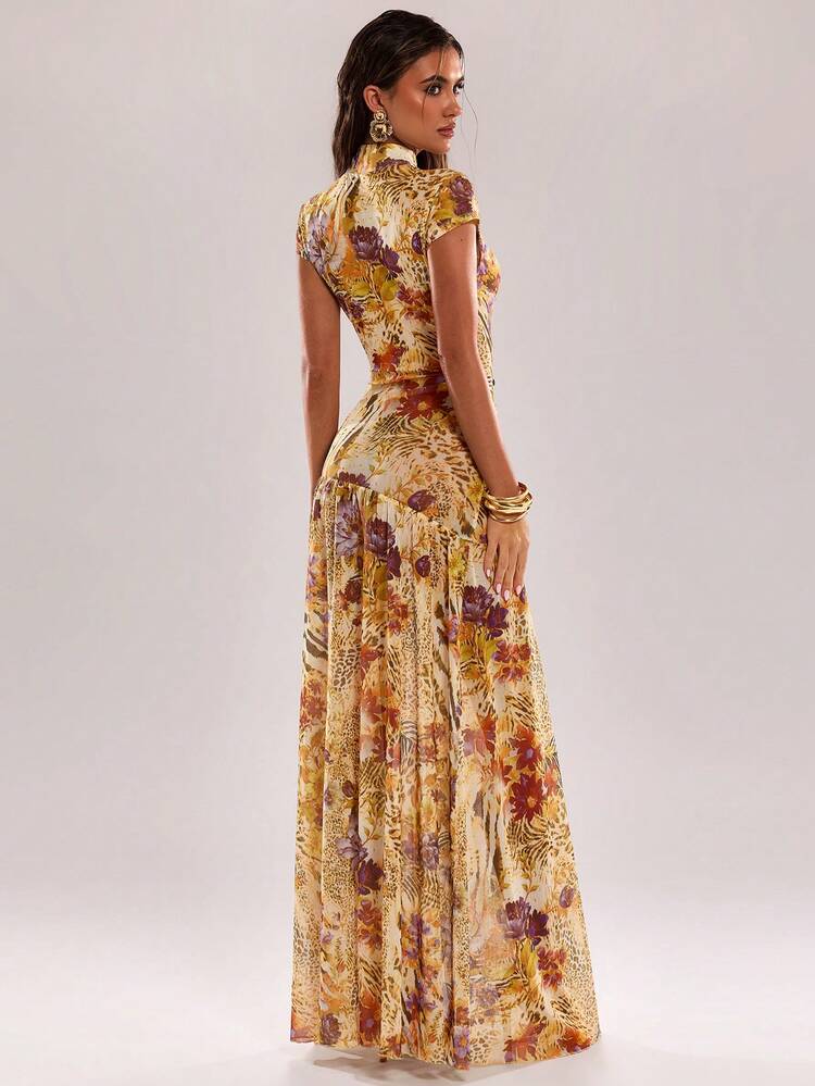 SHEIN BAE Vestido de mujer con cuello alto, cintura ceñida y abertura alta con estampado floral y de hojas, vestido de fiesta sexy - Albaricoque - Ver 2