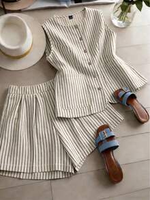 GlowEve Women's Woven Summer Striped Two Pieces Set With Elegant Style - Apricot - View 1