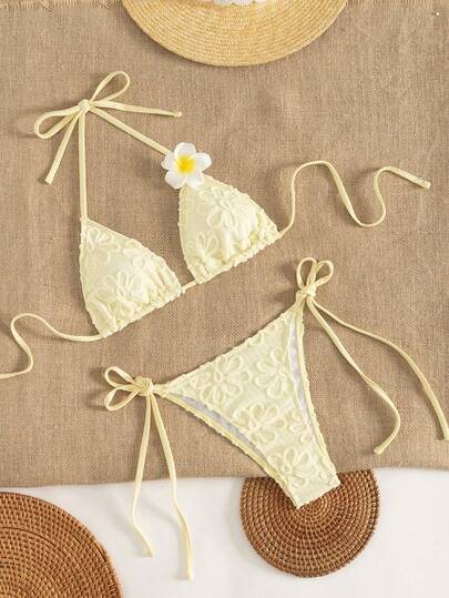 Swim Mod Women's Summer Vacation Beach 3D Floral Textured Halter Bikini 2 Pieces Swimwear