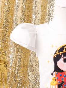 Conjunto de 2 piezas para bebé niña con parte superior estampada con temática de Ramadán y falda plisada con flores - Burdeos - Ver 6