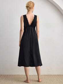 Ocili Leisure Soft Satin Lace Trim Nightgown, Comfortable Chic Autumn Women Sleepwear - Black - View 2