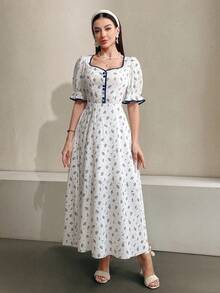 Seusyu Women's Floral Print Sweetheart Neckline Dress Maxi Women Outfit - Blue - View 5