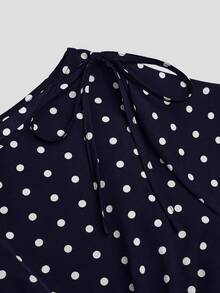 Lyrianda Áo kiểu dáng rộng rãi, tay dài, chấm bi đen trắng, ôm eo, có nơ trang trí ở vai, kiểu dáng thường ngày, cỡ lớn. - Màu xanh hải quân - Xem 6