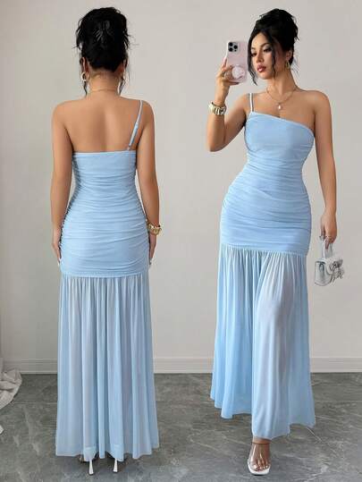 Elenzga Vestido de verano nuevo para vacaciones en la playa de las mujeres, vestido ajustado de malla de tirantes finos de color azul claro