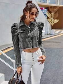 Rivivi Áo khoác denim nữ dáng ngắn, cài cúc phía trước, tay phồng, gấu áo rách, phong cách thường ngày. - Xám - Xem 3